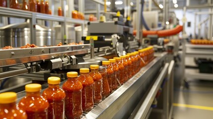 Automated factory line creating salsa sauce, advanced robots, clean and modern facility, Latin American culinary focus