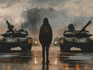 A powerful image of a peaceful protester facing down an intimidating line of military tanks