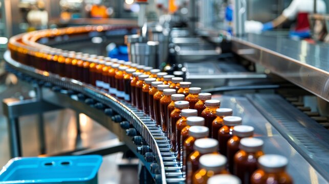 Automated production line with robots in a pristine factory setting, creating authentic Chimichurri sauce, emphasizing safety and Latin American cuisine