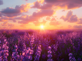 a field of purple flowers in the sunset hour, with a cloudy sky and the sun setting in the background.