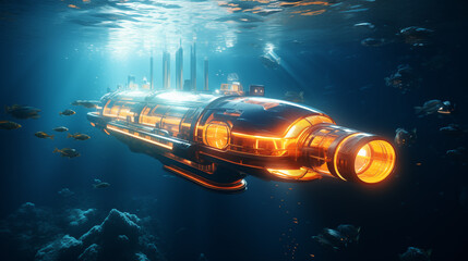 World largest, futuristic Submarine with glass, orange lights with lightbeams. Under blue water. 8k, cinematic lighting, lense flares
