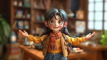 3D female character with presenting something gesture, with empty space for text, best for ads promotion.
