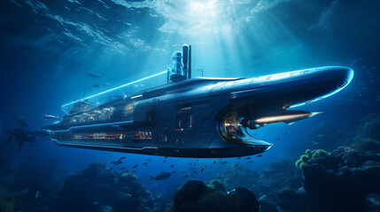 World largest, futuristic Submarine with glass. Under blue water with lightbeams. 8k, cinematic lighting, lense flares --ar 16:9 --stylize 250 --v 5.2 Job ID: 992bd22a-560a-4e09-8912-170a9ac91aa8