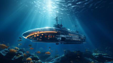 World largest, futuristic Submarine with glass. few orange searchlights. Under blue water with lightbeams. 8k, cinematic lighting, lense flares