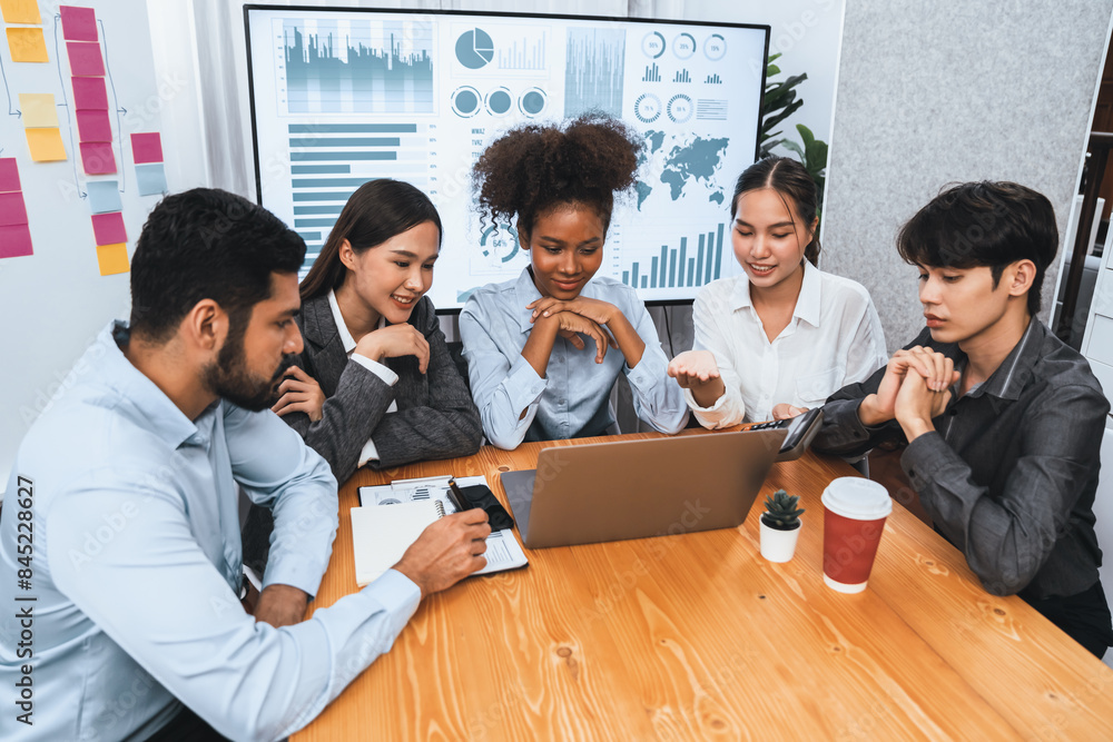 Poster multiracial analyst team use bi fintech software to analyze financial data on meeting table. financi