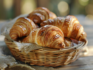 a basket of croissants with a golden brown crust, resting on a wooden surface.