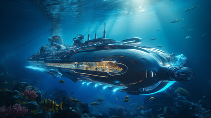 World largest, futuristic Submarine with glass. Under blue water with lightbeams. 8k, cinematic lighting, lense flares --ar 16:9 --stylize 250 --v 5.2 Job ID: e26dfaf7-bd9e-4027-9736-2dac3e3540c0
