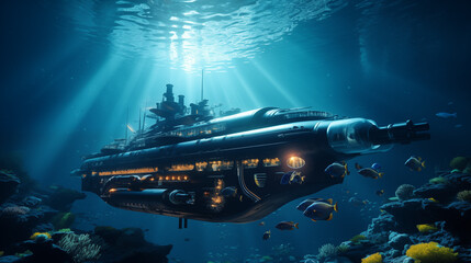 World largest, futuristic Submarine with glass. few orange searchlights. Under blue water with lightbeams. 8k, cinematic lighting, lense flares