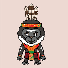 Monkey mascot Traditional design illustration, Cute monkey mascot with custom indonesian traditional attire and plumage