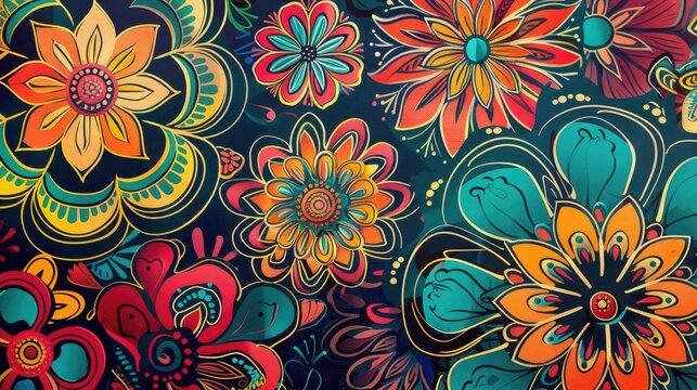 A colorful bohemian background with intricate mandala designs and vibrant floral patterns, perfect for adding a touch of artistic flair