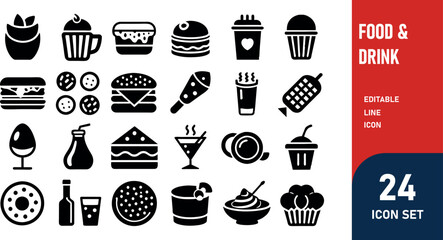 Food & Drink related concept  such as Hamburger, pizza, salad  & many more editable stroke outline icons isolated on white background flat vector illustration