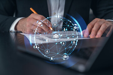 Woman typing on laptop at office workplace in background. Concept of working process, internet surfing, online business education. Student send e-mail. Close up view. Hands Shot. Social network icons
