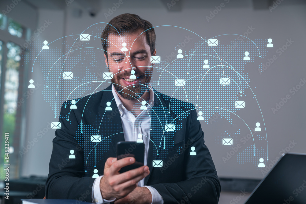 Poster smiling businessman talking holding using smartphone typing at office workplace with notebook. conce