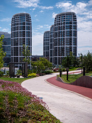 View from the roof of the Nivy Bus Station towards the SKY PARK building, which is a multifunctional project of residential and office spaces in Bratislava.