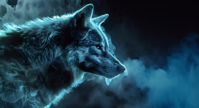 wolf in blue flame, icy cold, smoke on a black background, video motion, empty space for text