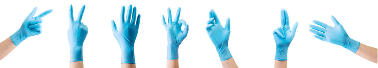 Doctor's hand in sterile medical gloves showing gesture or something on white