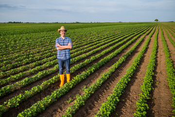 Portrait of happy farmer who is cultivating soybean.