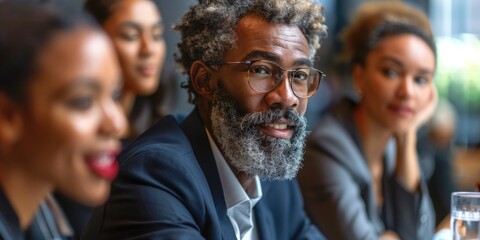 Obraz premium Wide shot of business team talking at meeting table in office conference room, ai generated