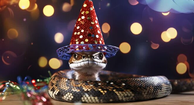 cheerful snake in a festive hat and cap, New Year's banner, greeting video screensaver with free space for text, symbol of 2025