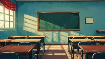 Background of a classroom with empty desks and a chalkboard, providing space for text on the chalkboard itself.