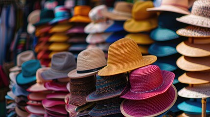 Hats Market. Shop with Variety of Many Fashionable Hats in Colourful Summer Background