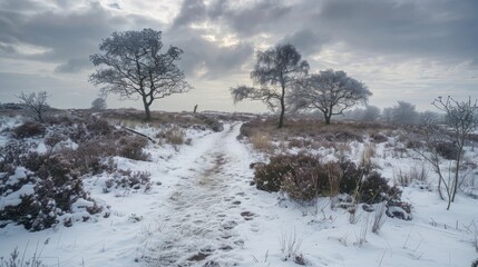 Obraz premium Footpath covered in ice over a snowy moor with barren winter trees shrubs and heather under a cloudy grey sky