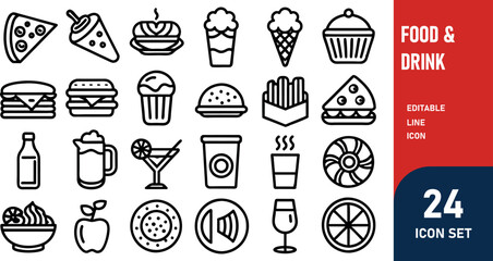 Food & Drink related concept  such as Hamburger, pizza, salad  & many more editable stroke outline icons isolated on white background flat vector illustration
