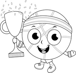 Champion basketball character cheering and holding the championship trophy. Cartoon basketball sports player with award. Vector black and white coloring page.
