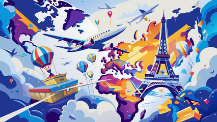 Vibrant World Travel and Iconic Landmarks Illustration