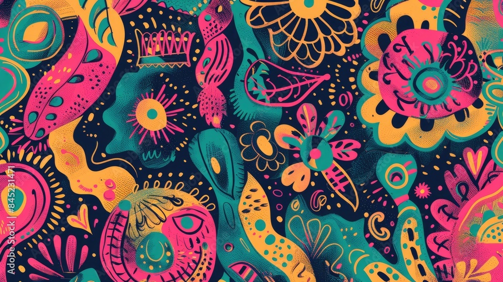 Poster bohemian pattern background with vibrant, hand-drawn elements and a playful mix of shapes and colors