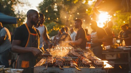 Community BBQ feast for Juneteenth, people serving and eating