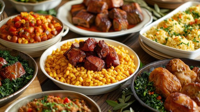 Soul food spread on a family table, Juneteenth celebration