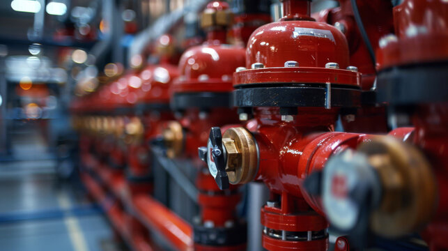 Close-up view of red fire sprinkler valves aligned in a row within an industrial facility, showing safety equipment.