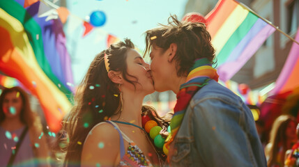 Obraz premium A vibrant and romantic scene depicting a couple sharing a kiss surrounded by colorful hot air balloons during a festival. The sunset adds a warm, golden glow, enhancing the dreamy atmosphere.