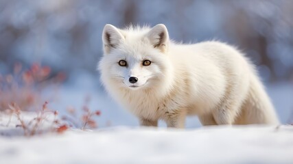 Obraz premium Arctic white fox with a snowy, hazy backdrop.