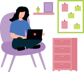 A girl sitting on a chair is working on a laptop.