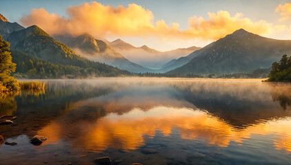 A serene mountain lake at sunrise, mist rising from the water, tranquil landscape, dramatic clouds, vibrant colors, realistic, photorealistic