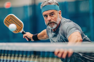 A Man playing pickleball is captured in action taking a backhand shot, with a focused expression on him face. He is wearing athletic wear and a sweatband, with a blurred background of the court