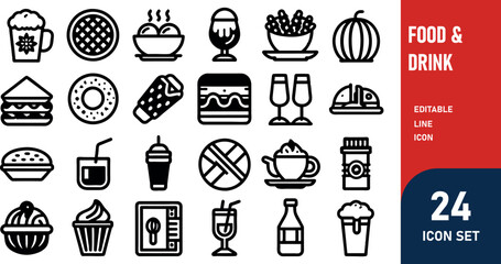 Food & Drink related concept  such as Hamburger, pizza, salad  & many more editable stroke outline icons isolated on white background flat vector illustration