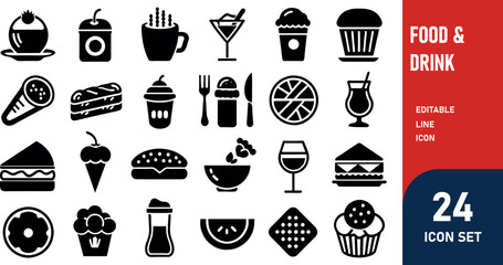 Food & Drink related concept  such as Hamburger, pizza, salad  & many more editable stroke outline icons isolated on white background flat vector illustration