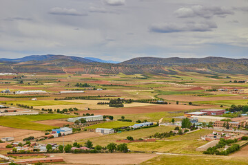 Aerial view of farms and agricultural fields