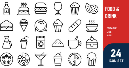 Food & Drink related concept  such as Hamburger, pizza, salad  & many more editable stroke outline icons isolated on white background flat vector illustration