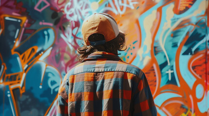 Graffiti artist standing near the wall full of graffiti art