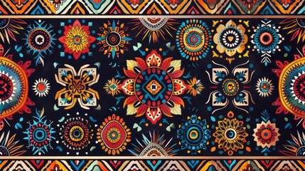 Ethnic pattern background with traditional motifs and bold colors, celebrating cultural heritage and diversity.