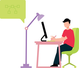 The boy is working on monitor.