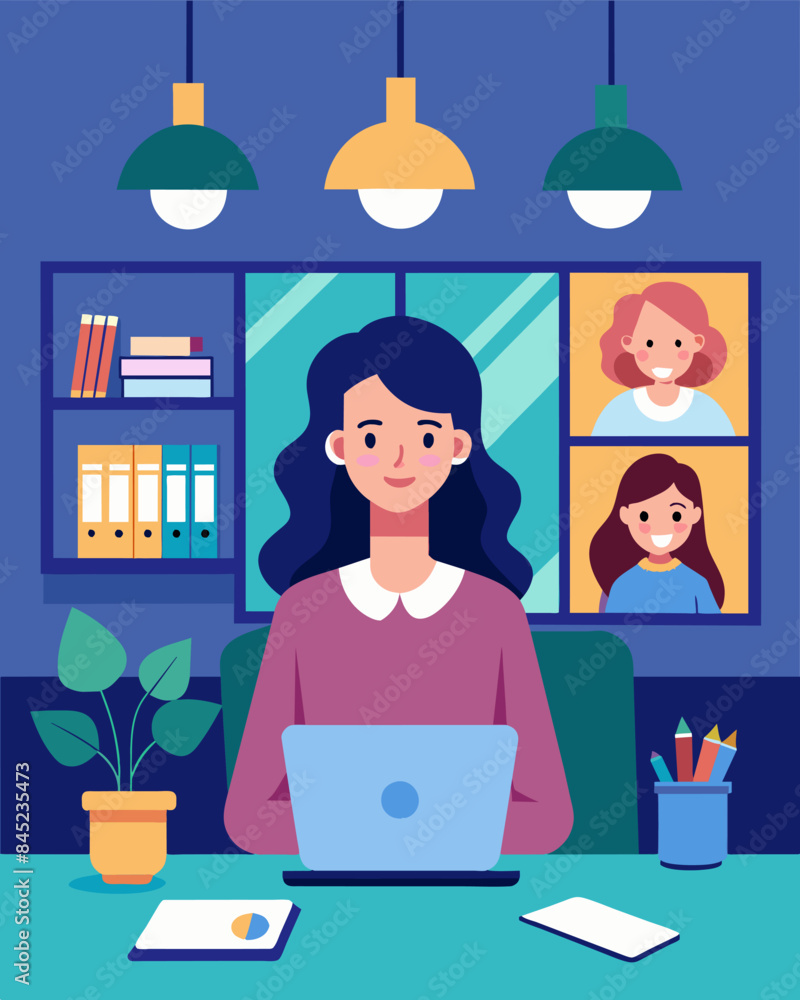 Poster a young professional utilizes video conferencing to attend meetings and save on travel costs while w