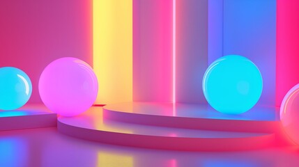 Colorful spheres and neon lights on a white stage.
