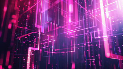 Obraz premium Digital technology geometric curve abstract pink and blue neon square. Modern digital abstract 3D background. Blue and lilac blocks with neon lines and glowing background futuristic