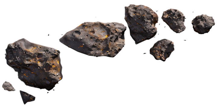A set of flying asteroids, depicted with a rough, rocky texture and dark coloration with hints of orange. The asteroids are cut out and arranged to show various sizes and shapes.