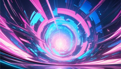 カラフルな青とネオンピンクのサイバーSF空間